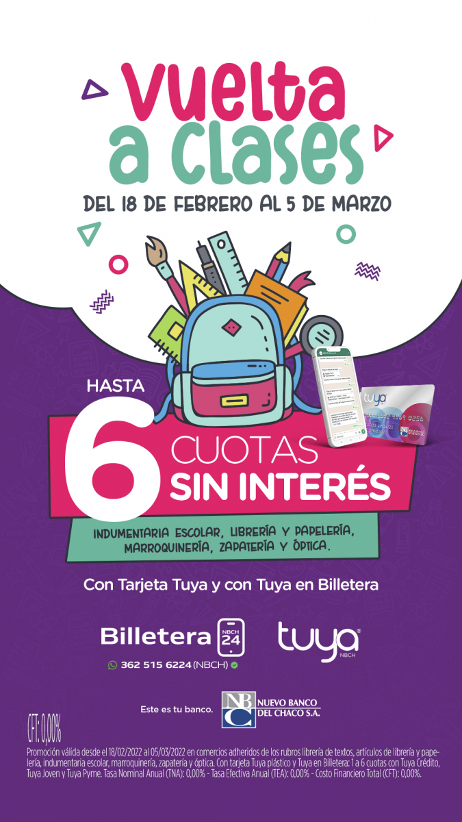 Vuelta a clases en 6 cuotas sin inter&eacute;s con Tuya y Tuya en Billetera: desde hoy, nueva promoci&oacute;n del NBCH