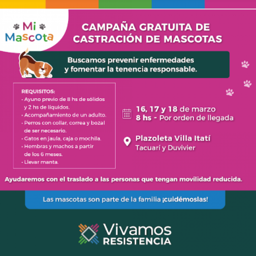 Este mi&eacute;rcoles 16 llega a Villa Itat&iacute; el Programa de Castraci&oacute;n Gratuita de Mascotas 