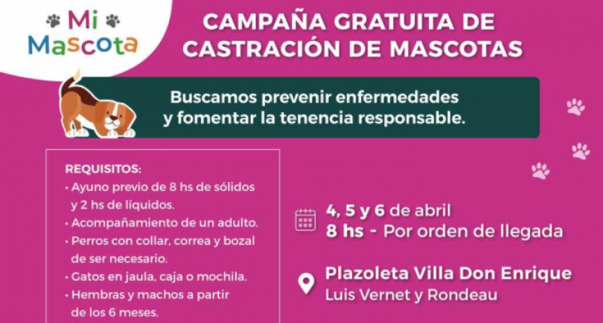 El programa municipal de castraci&oacute;n de mascotas, este lunes en Villa Don Enrique
