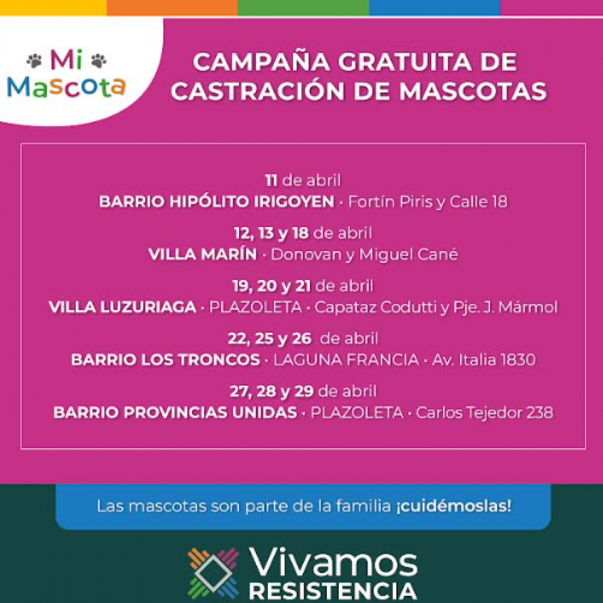 Este lunes, resistencia acerca la castraci&oacute;n gratuita de mascotas en el barrio Hip&oacute;lito Irigoyen