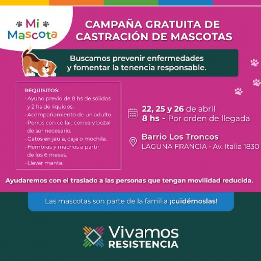 La castraci&oacute;n gratuita de mascotas comenz&oacute; en el Barrio los Troncos y contin&uacute;a el 25 y 26 de abril 