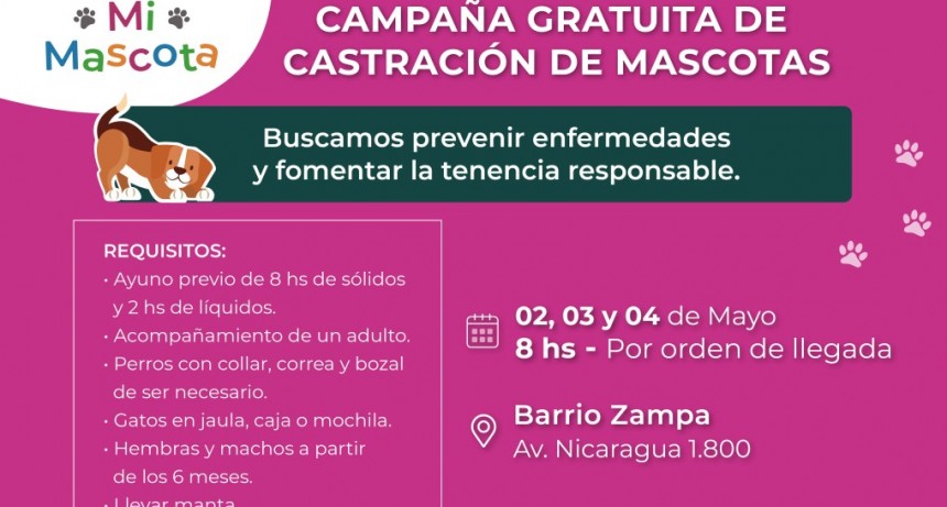 La castraci&oacute;n gratuita de mascotas contin&uacute;a este martes 3 en el Barrio Zampa 