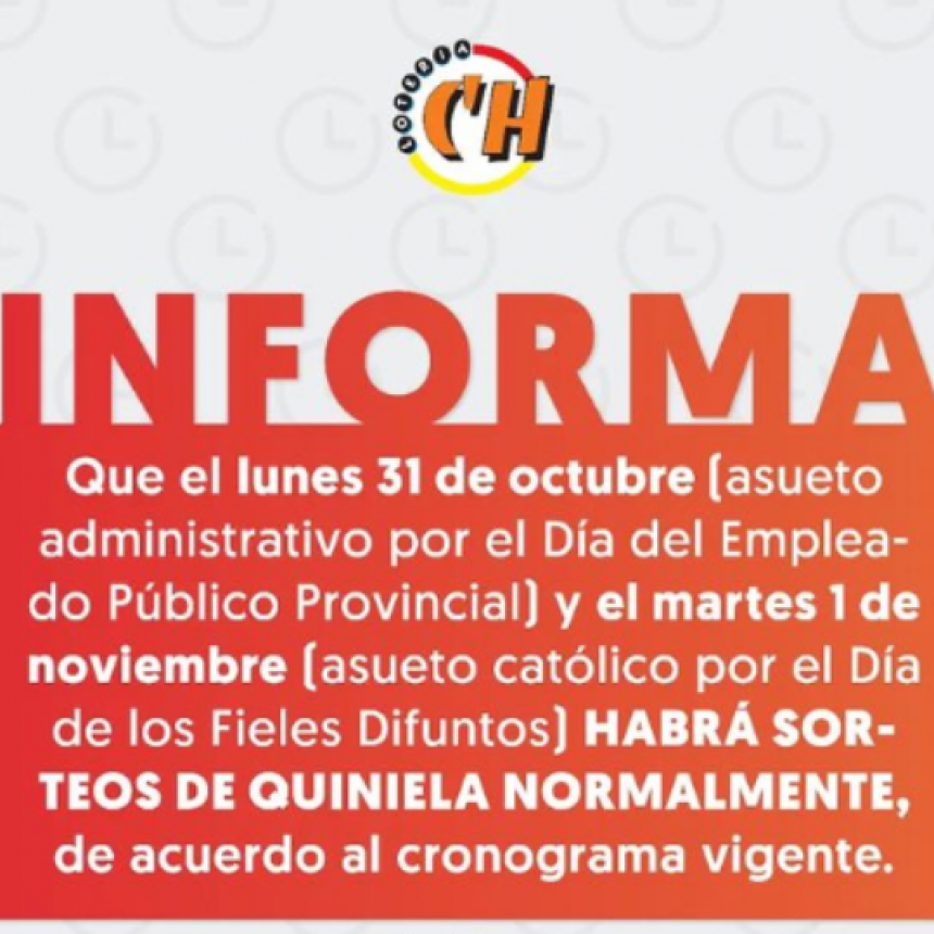 Loter&iacute;a Chaque&ntilde;a: Habr&aacute; sorteos normales de quiniela los d&iacute;as asuetos del 31 y el 1